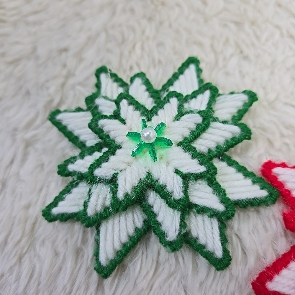 Vintage Handmade Needlepoint Star Christmas Ornament (2) Needlecraft Red & Green - Picture 2 of 6